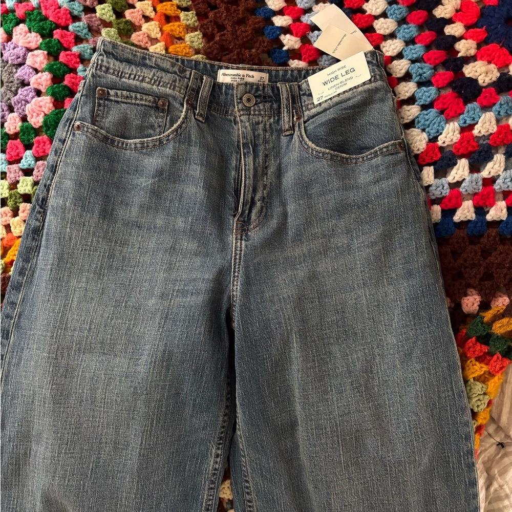 Abercrombie High Rise Linen Blend Wide Leg Jeans